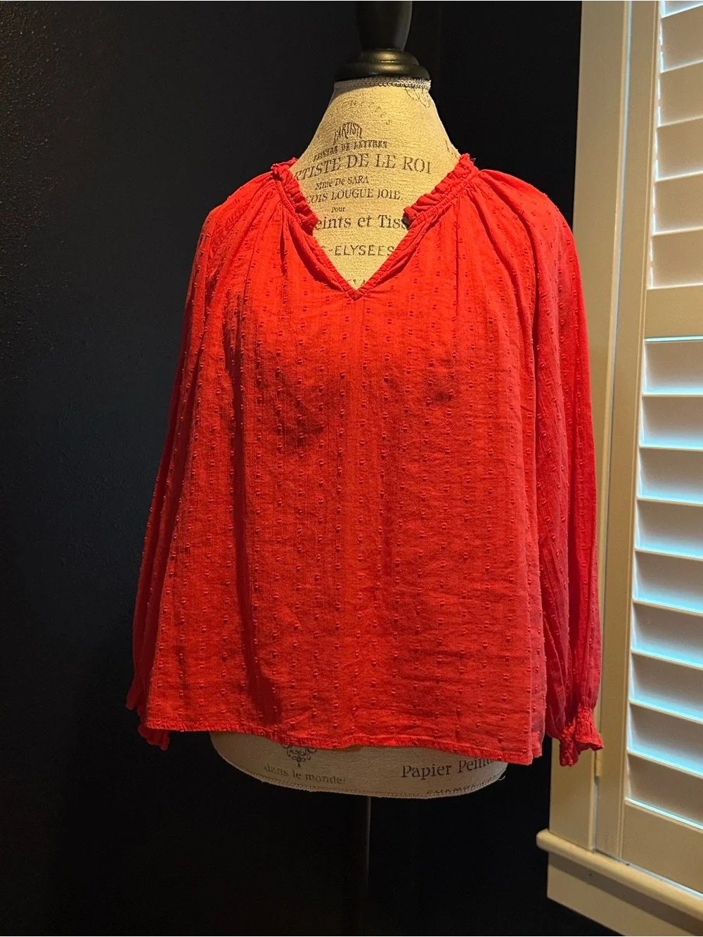 J. Crew Coral-Red V-Neck Peasant Blouse
